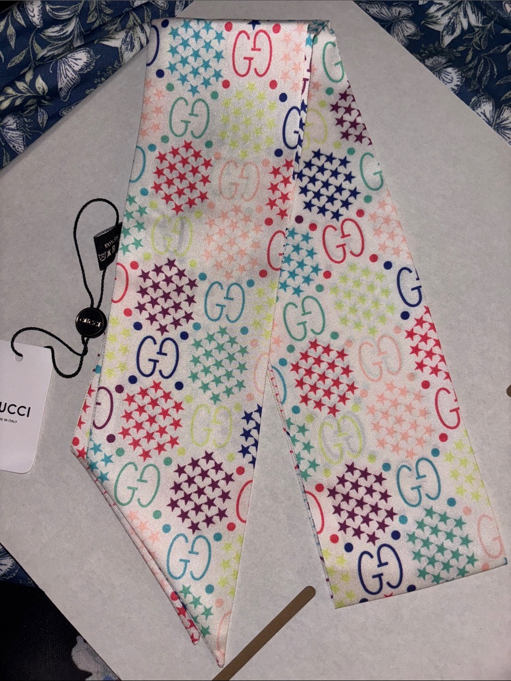 Brand New ! 100 % White Scarf with Multicolor Logo and Star Motifs